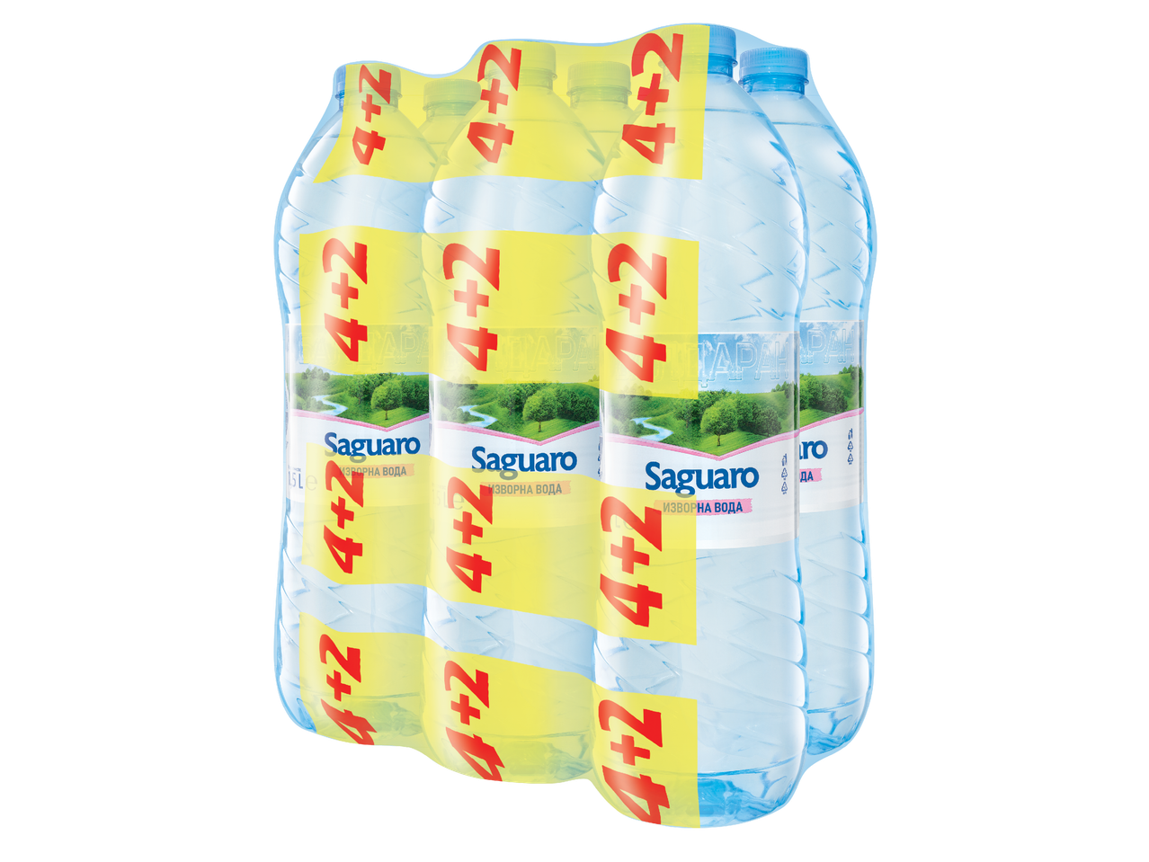 Опаковка от шест бутилки изворна вода, с промоция 4+2 безплатно.