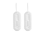 Two white electric shoe dryers with perforated casings and power cords