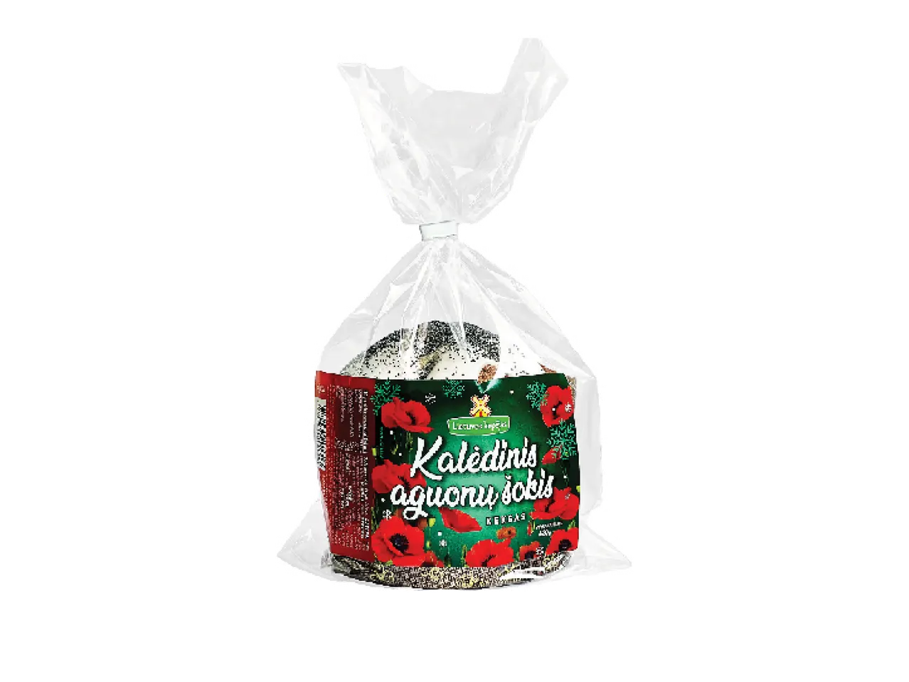 Kalėdinis aguonų šokis pyragas, supakuotas permatomame maišelyje su raudonomis aguonomis ant etiketės.