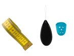 A yellow measuring tape, a black needle threader, and a blue thimble on a white background.