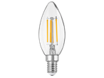 LED крушка с форма на свещ, прозрачно стъкло и жълти нишки на черен фон.