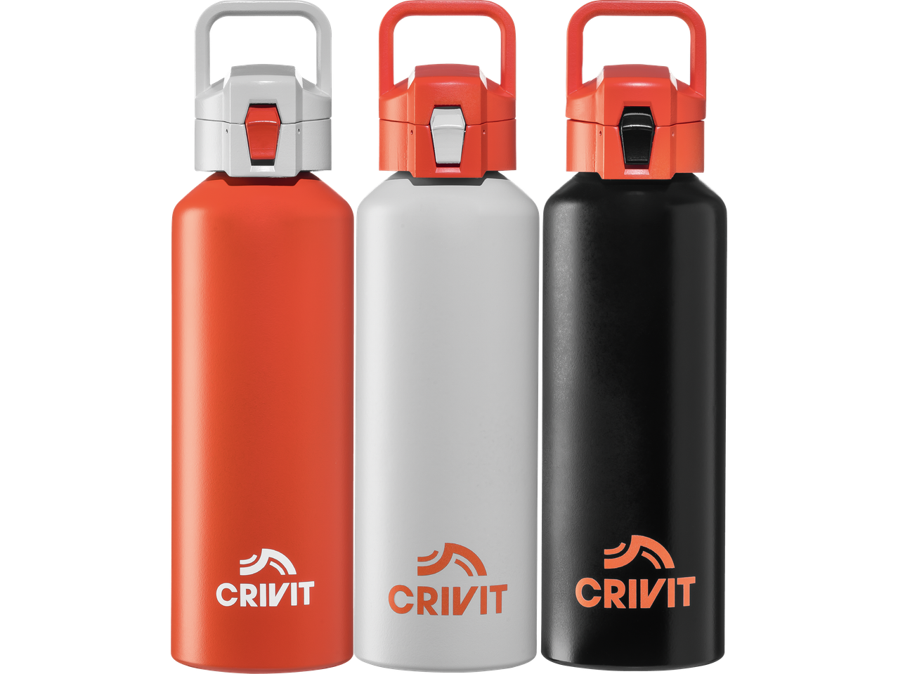 Tre Crivit-vattenflaskor i orange, grå och svart.