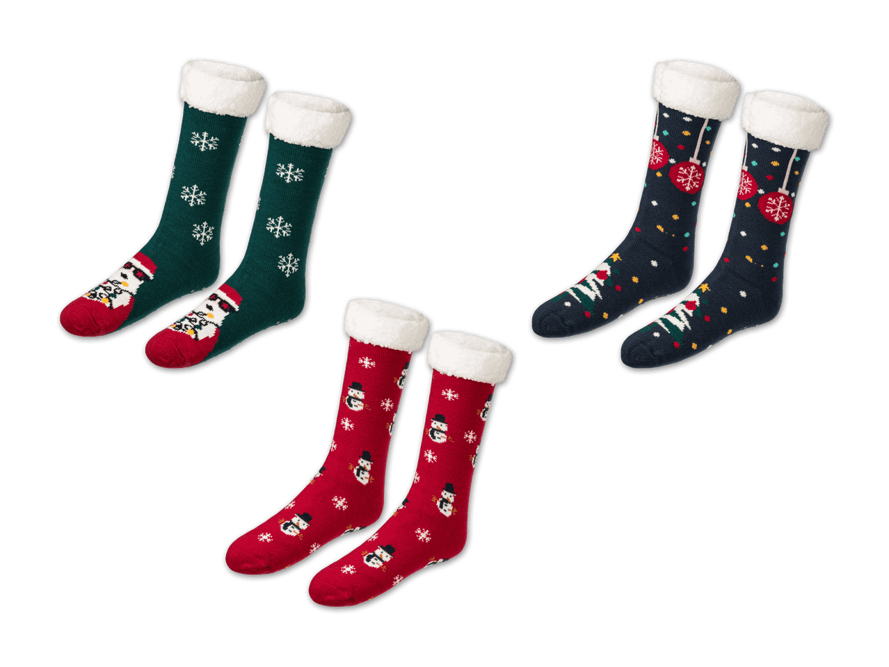 Drei Paar Weihnachtssocken mit Schneemann- und Schneeflockenmotiven