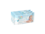Três pacotes de lenços umedecidos Lupilu Comfort com aloe vera para bebês.