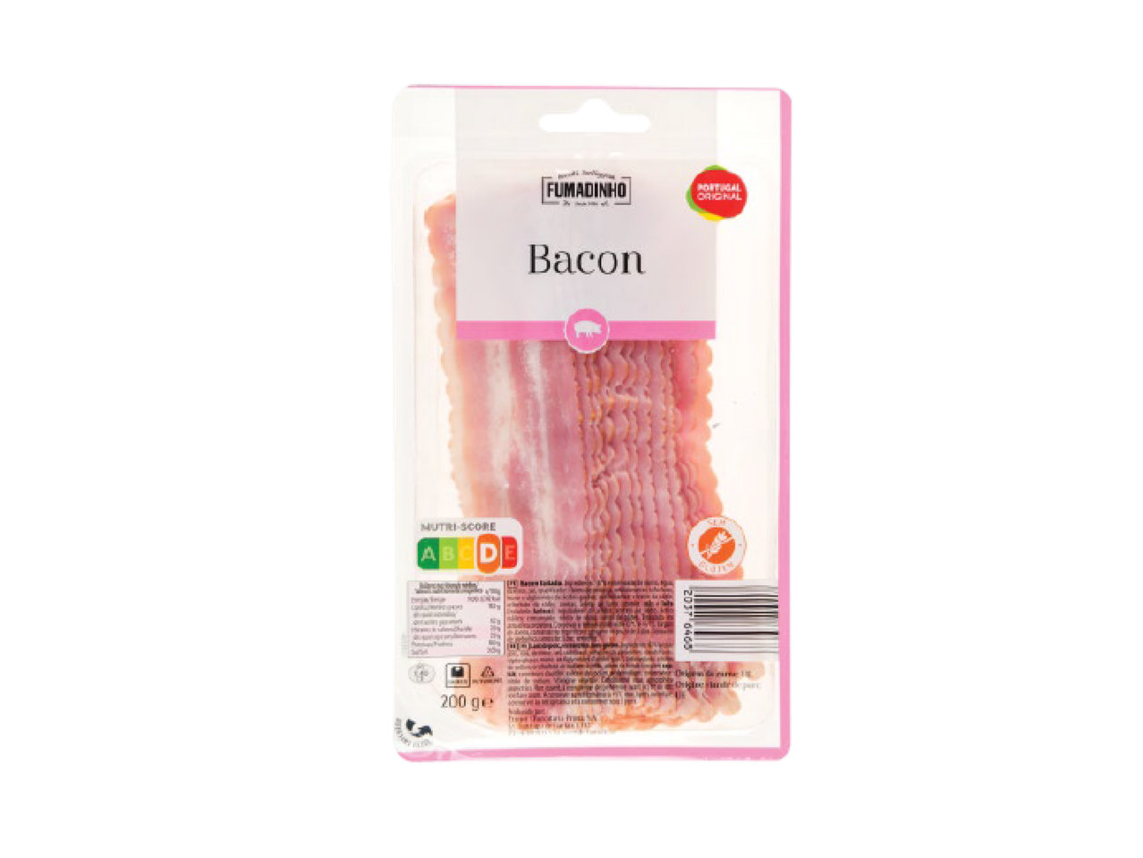 Embalagem de bacon fatiado com rótulo Nutri-Score e indicação de 200g.