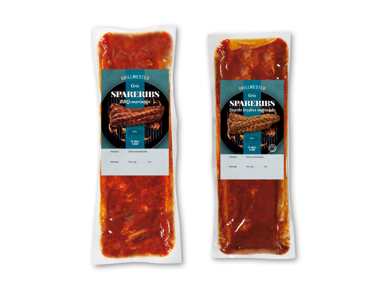 To pakker marineret spareribs, den ene BBQ-marineret og den anden stærkt krydret.