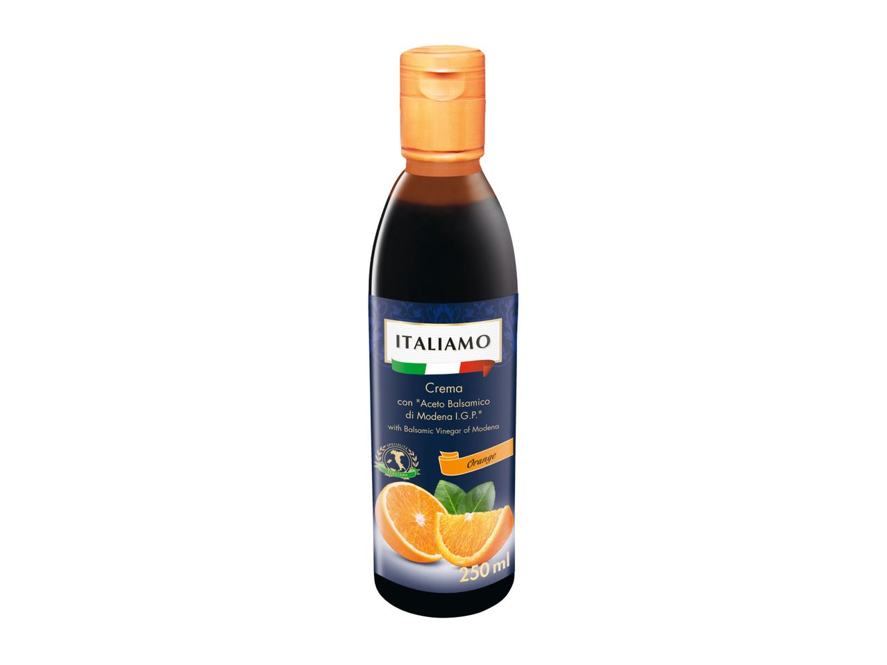 A bottle of Italiamo balsamic cream with orange flavor.