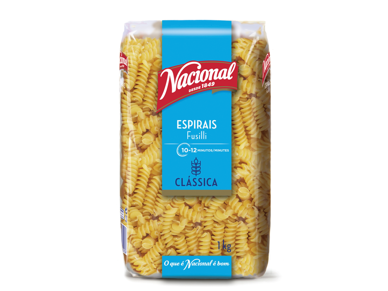 Massa Nacional Espirais Fusilli, 1kg, com tempo de cozedura de 10-12 minutos.