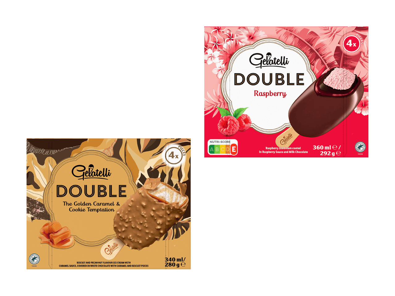 Due scatole di gelati su stecco: uno al caramello e biscotto, l'altro al lampone.