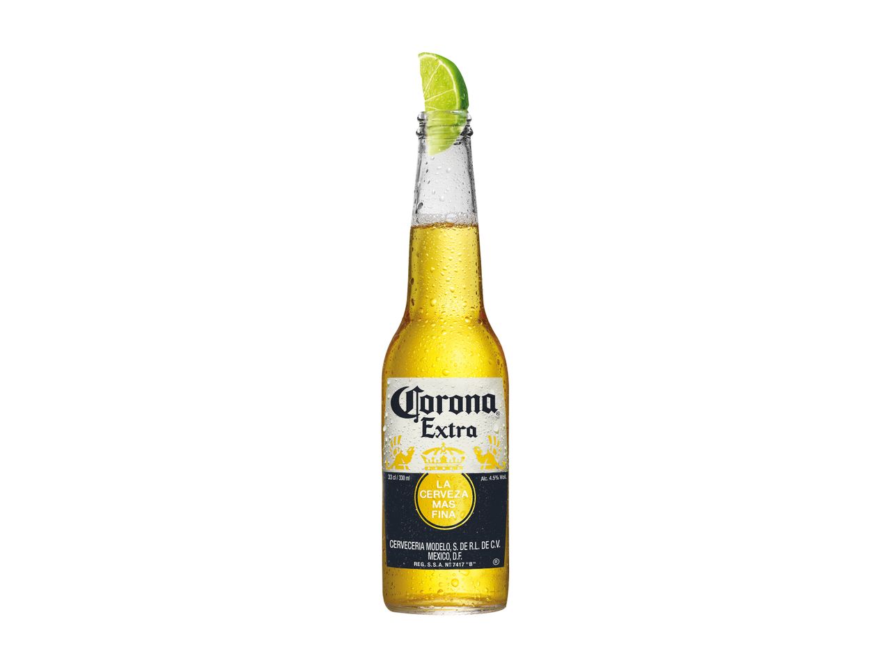 Bottiglia di Corona Extra con fetta di lime.