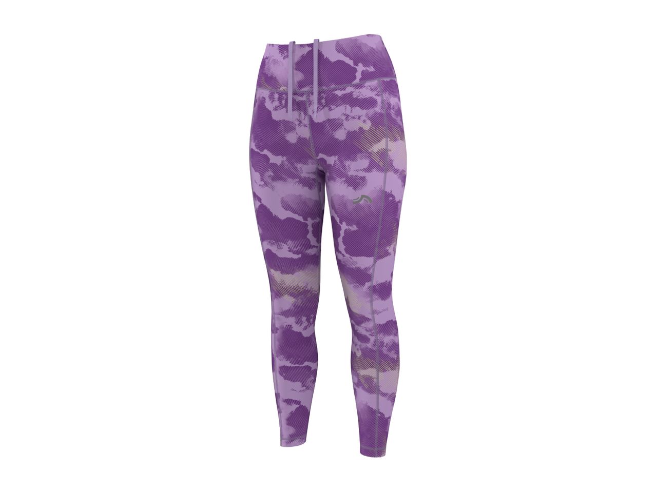 Purple patterned women's sports leggings with a drawstring waist.