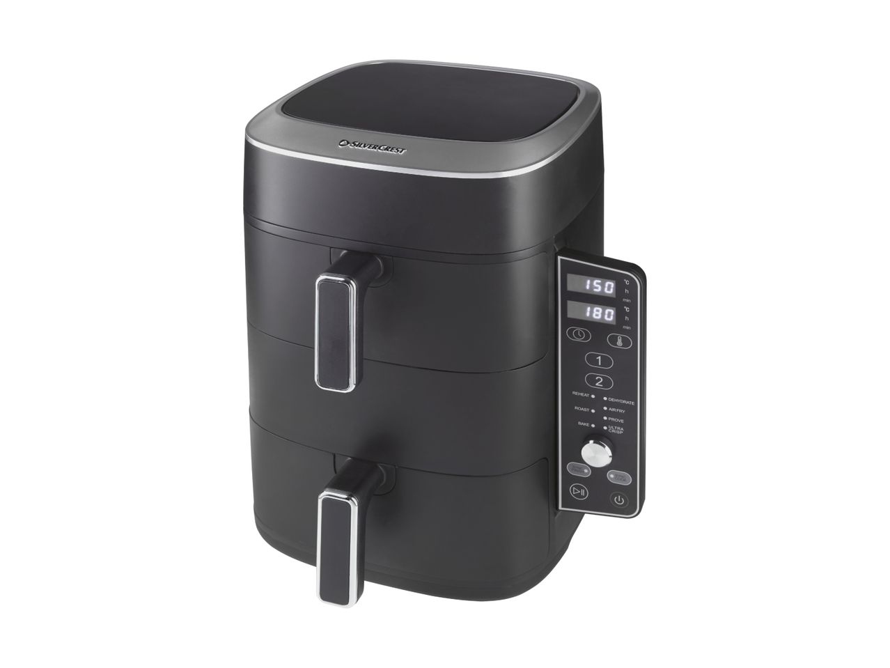 Black dual-basket air fryer with digital display showing temperature and time settings.