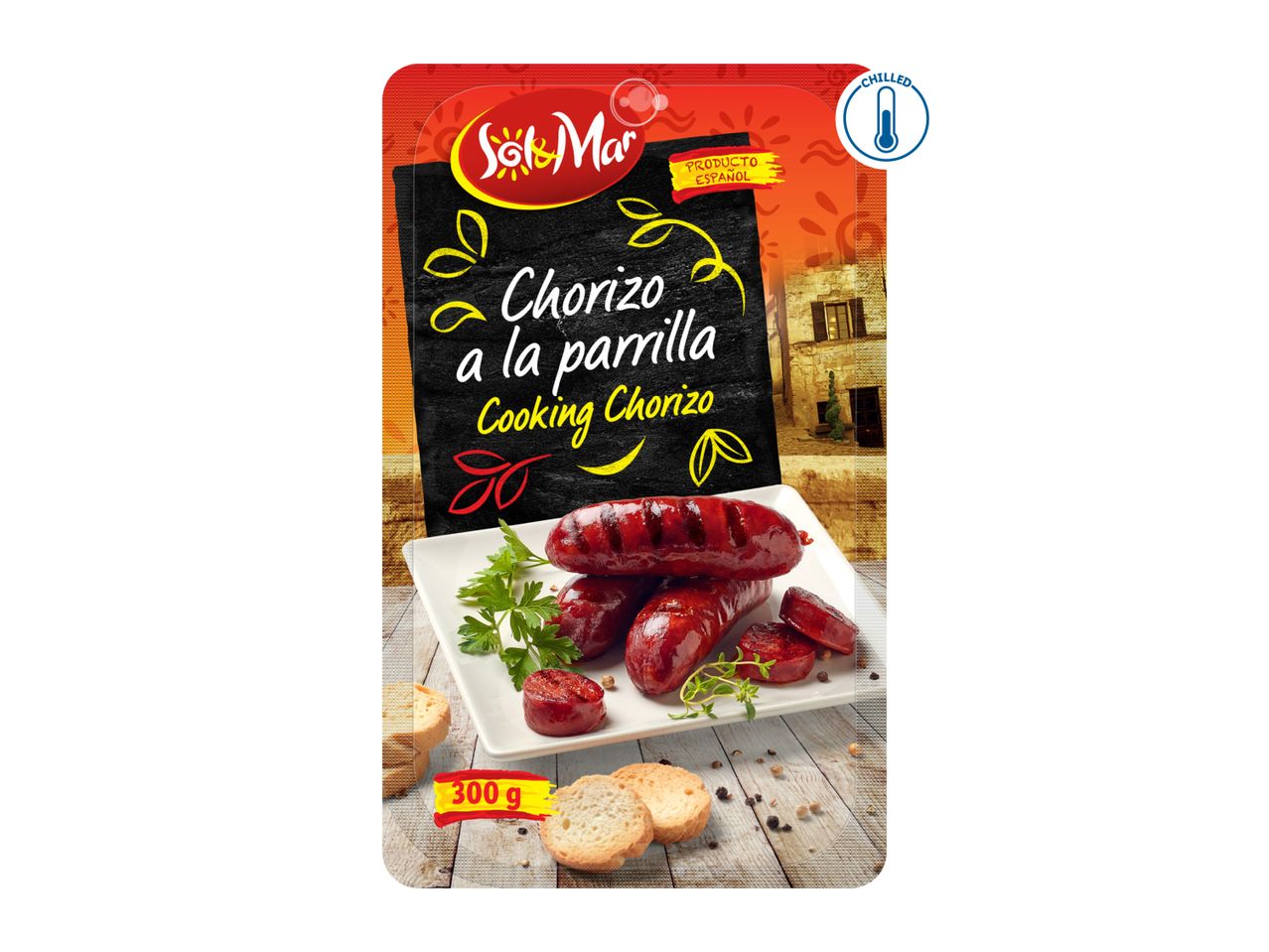 Sol & Mar Chorizo a la Parrilla (Cooking Chorizo) packaging with grilled chorizo.
