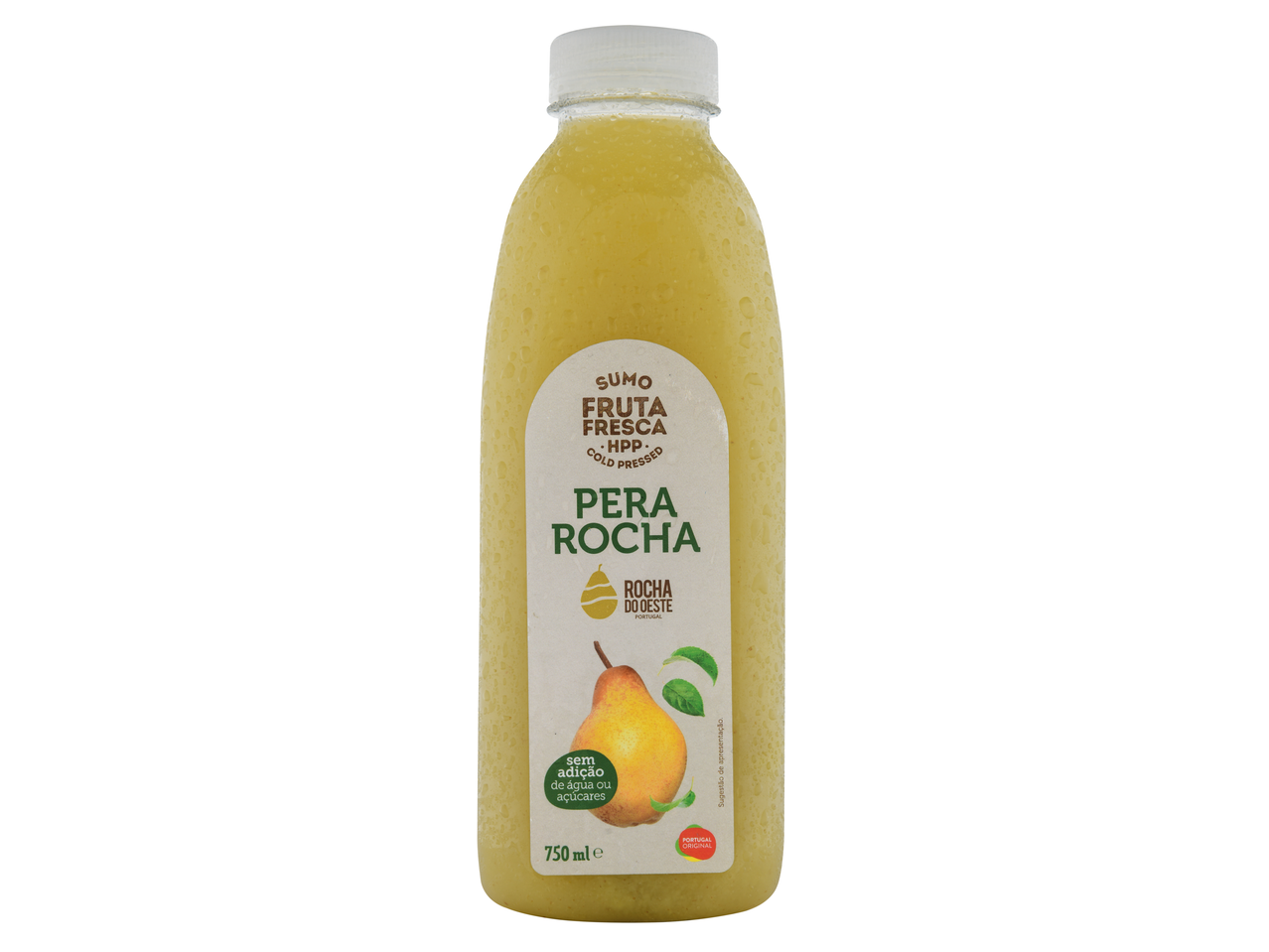 Sumo de Pera Rocha, prensado a frio, sem adição de água ou açúcares, garrafa de 750ml.