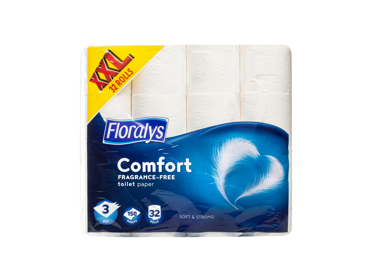 Floralys Comfort XXL 32 rulli lõhnavaba 3-kihilist tualettpaberit 150 lehega.