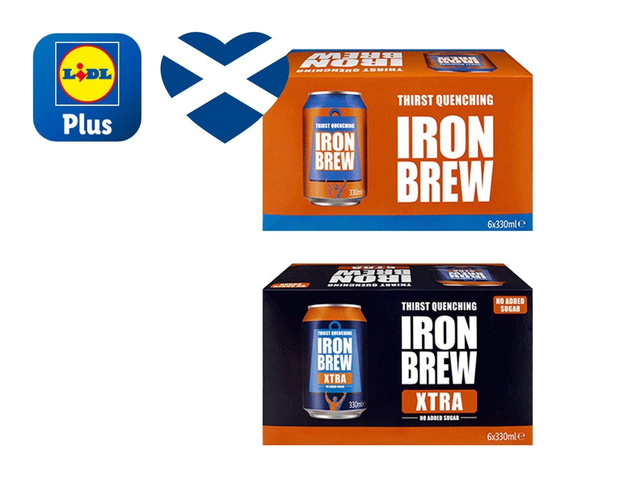 Lidl Plus offers Iron Brew and Iron Brew Extra in 12-can packs.