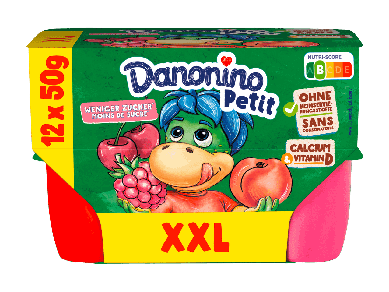 Danonino Petit XXL Packung mit 12x50g, beworben mit weniger Zucker und ohne Konservierungsstoffe.