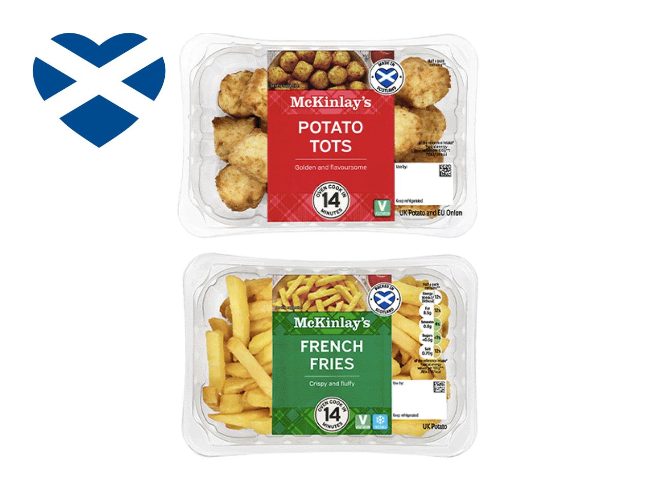 Two packages of McKinlay's potato products, potato tots and french fries, with a Scottish heart logo.