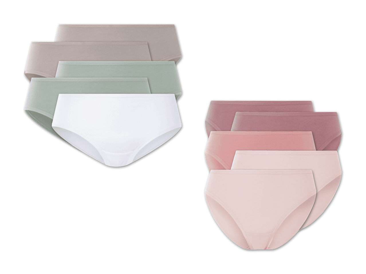 Sortiment Damen-Unterwäsche: Drei Pakete mit je drei Unterhosen in verschiedenen Farben.