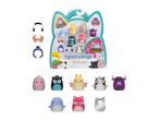 A set of mini squishy toys in a cat-shaped package, with accessories and individual toys displayed.