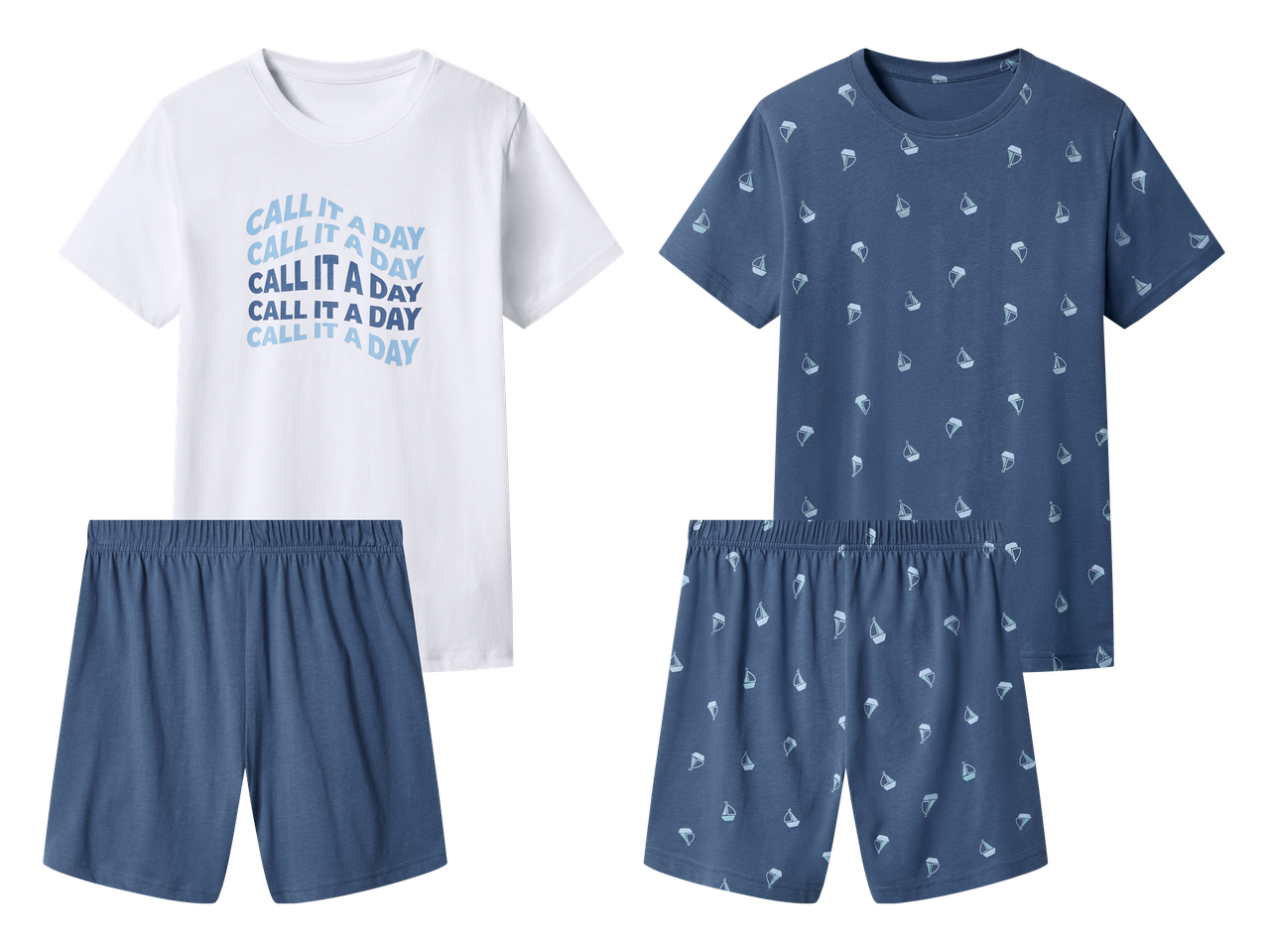 Dva kompleta pidžama: bijela majica s natpisom 'CALL IT A DAY' i plave kratke hlače, te plava majica i kratke hlače s uzorkom jedrilica.