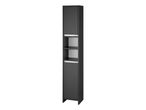 A tall, dark gray bathroom cabinet with two doors and two shelves, featuring white detail.
