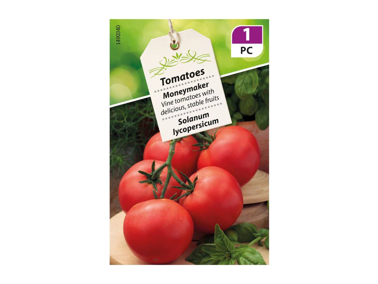 Tomatoes 'Moneymaker' seed packet with vine tomatoes and basil