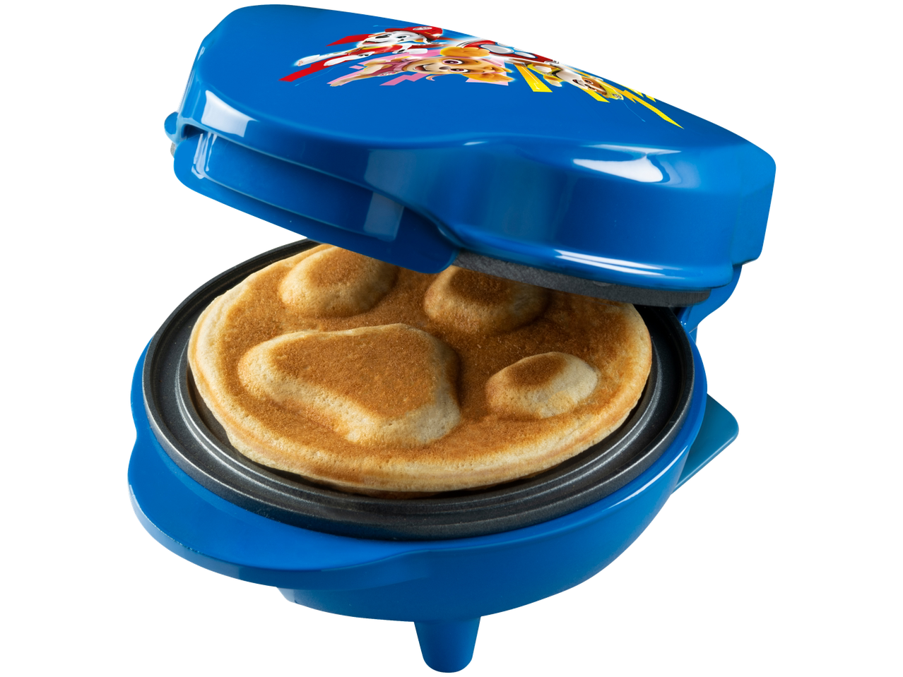 Μια μπλε βάφλα Paw Patrol με μια ψημένη βάφλα.
