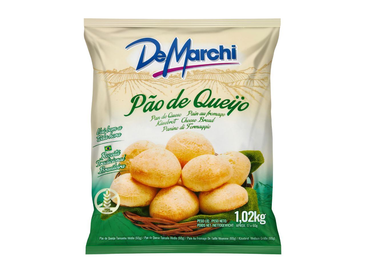 Pão de Queijo (cheese bread) packaging, 1.02kg, with a traditional Brazilian recipe.