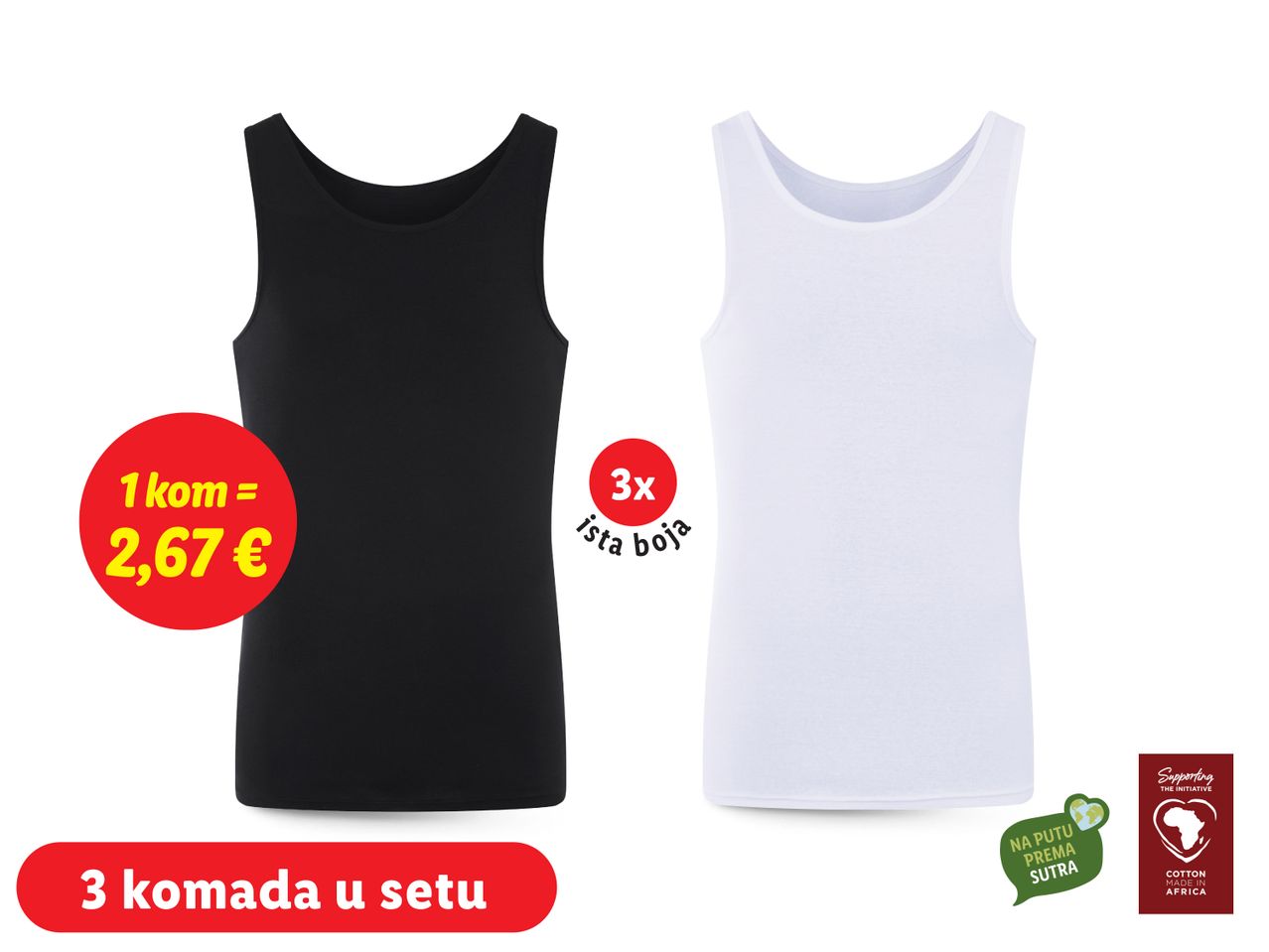 Dva muška majica bez rukava, crna i bijela, u pakiranju od 3 komada.