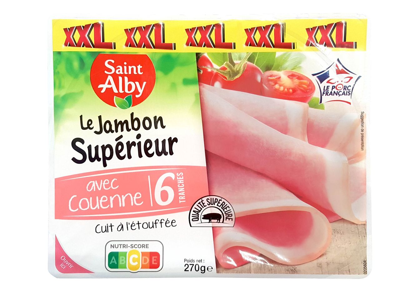 Emballage de jambon supérieur Saline Alby, tranches roses.