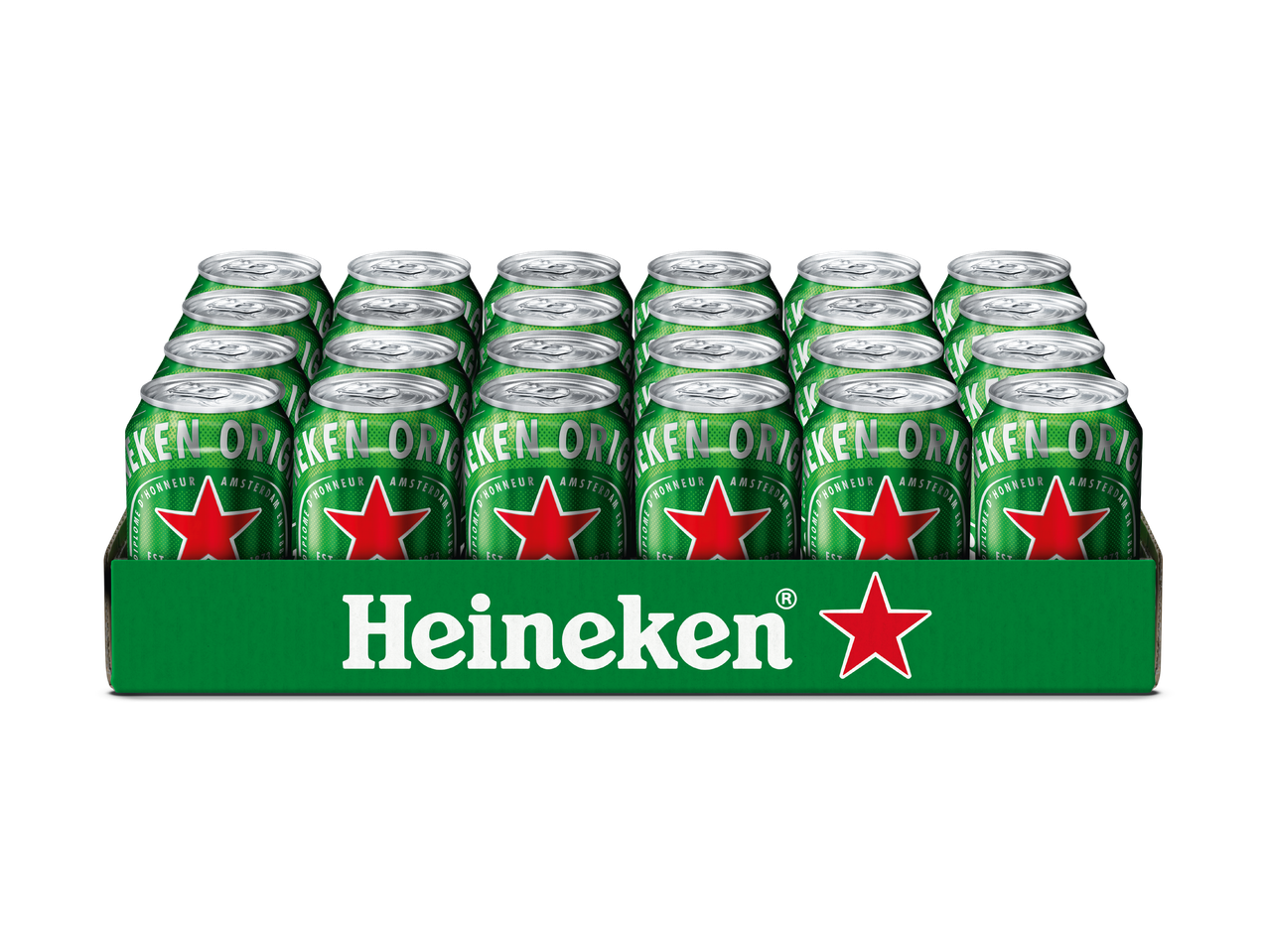 Een tray met 24 blikjes bier, met een groen etiket en een rode ster.