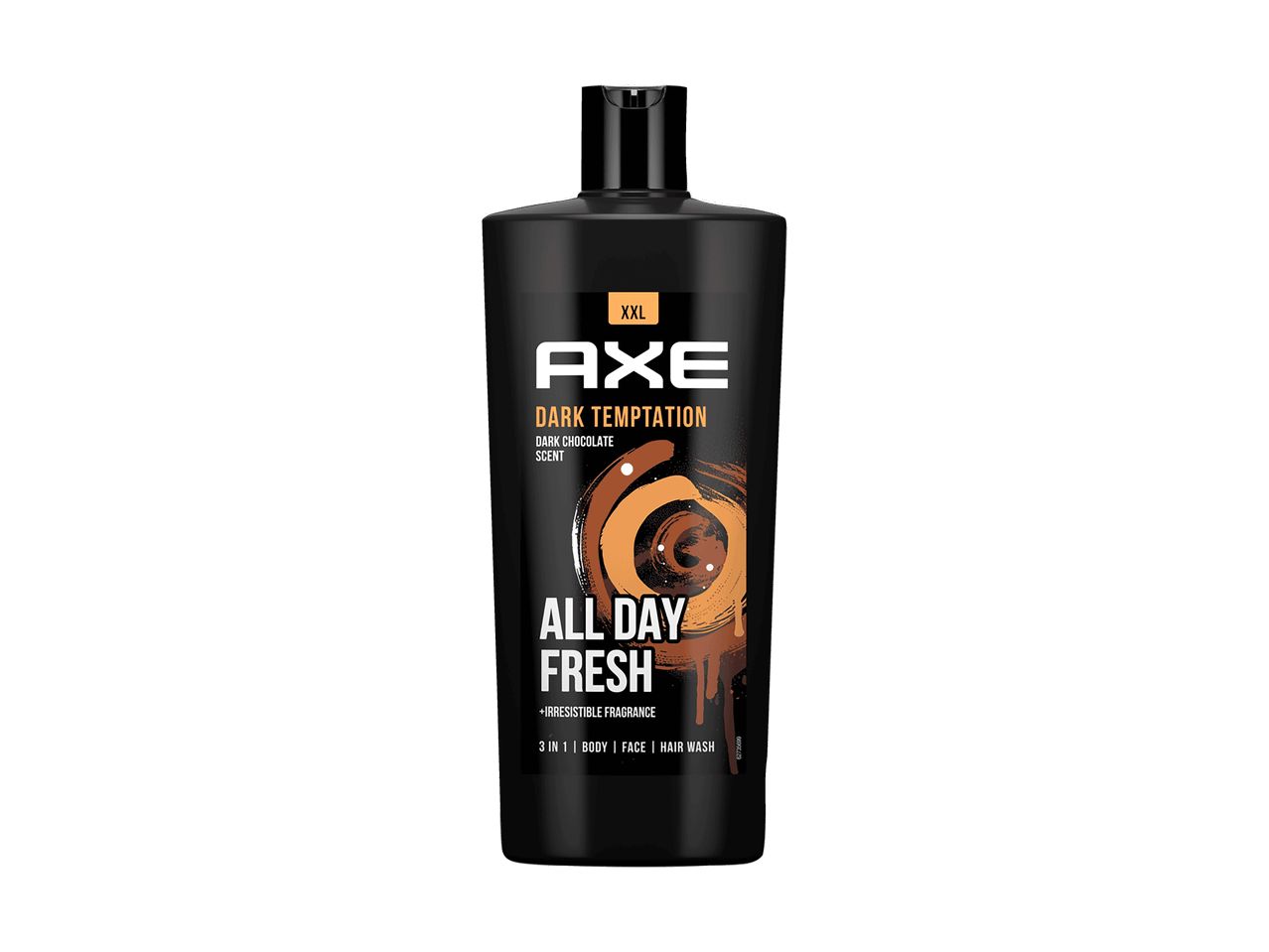 Axe Dark Temptation 3-in-1 Duschgel-Flasche, dunkler Schokoladenduft.