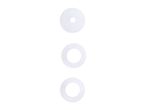 Three white circular gaskets or washers of varying sizes on a white background.