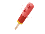 Gelado premium Gelatelli no palito, vermelho, com cobertura estaladiça e pedaços coloridos.
