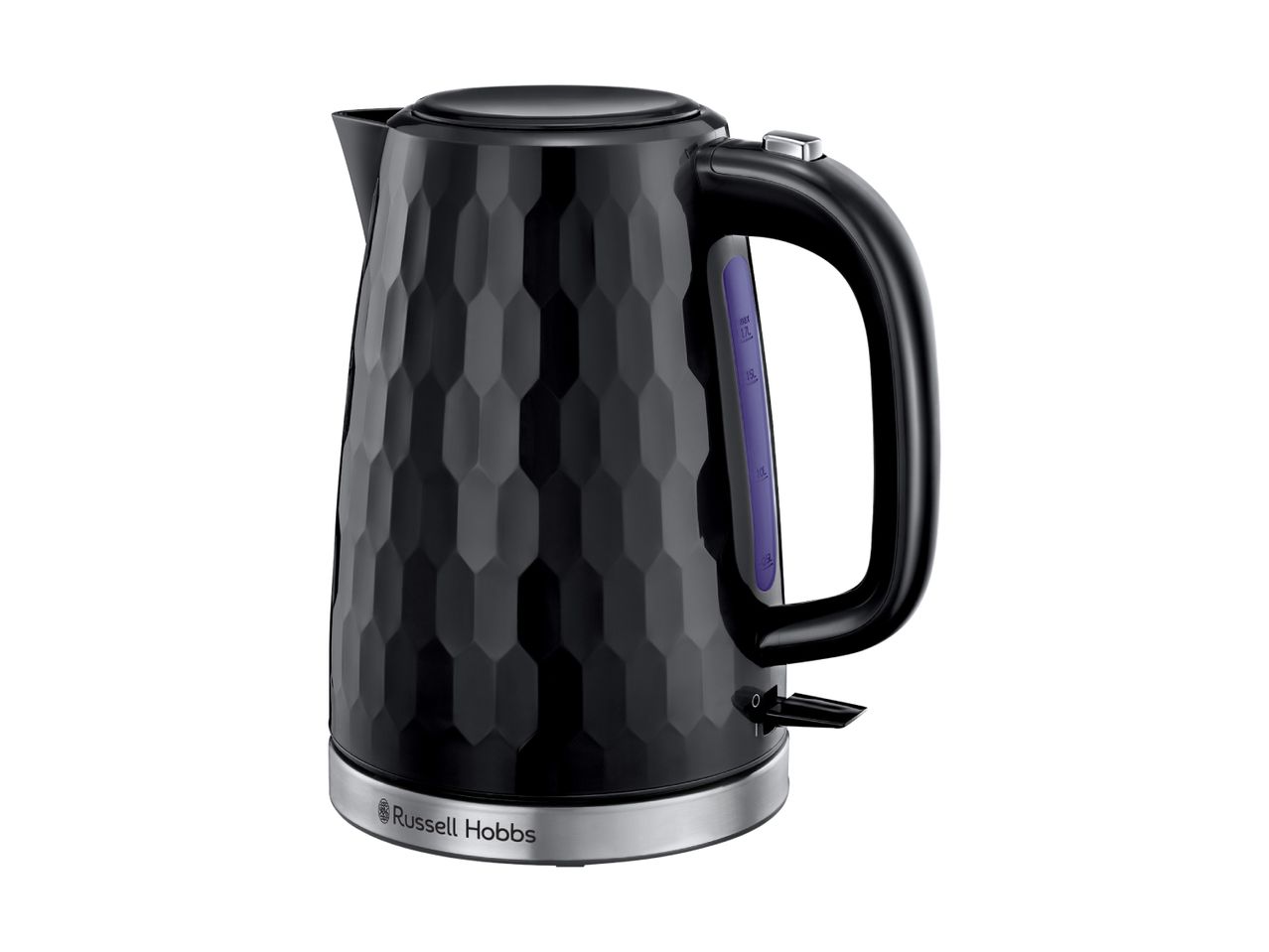 Black textured electric kettle with a water level indicator and a silver base.