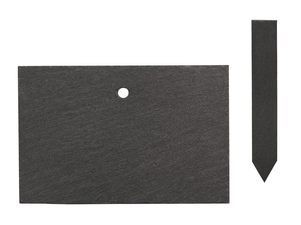 Schwarzes rechteckiges Pflanzenschild mit Loch und ein spitzes Pflanzenschild