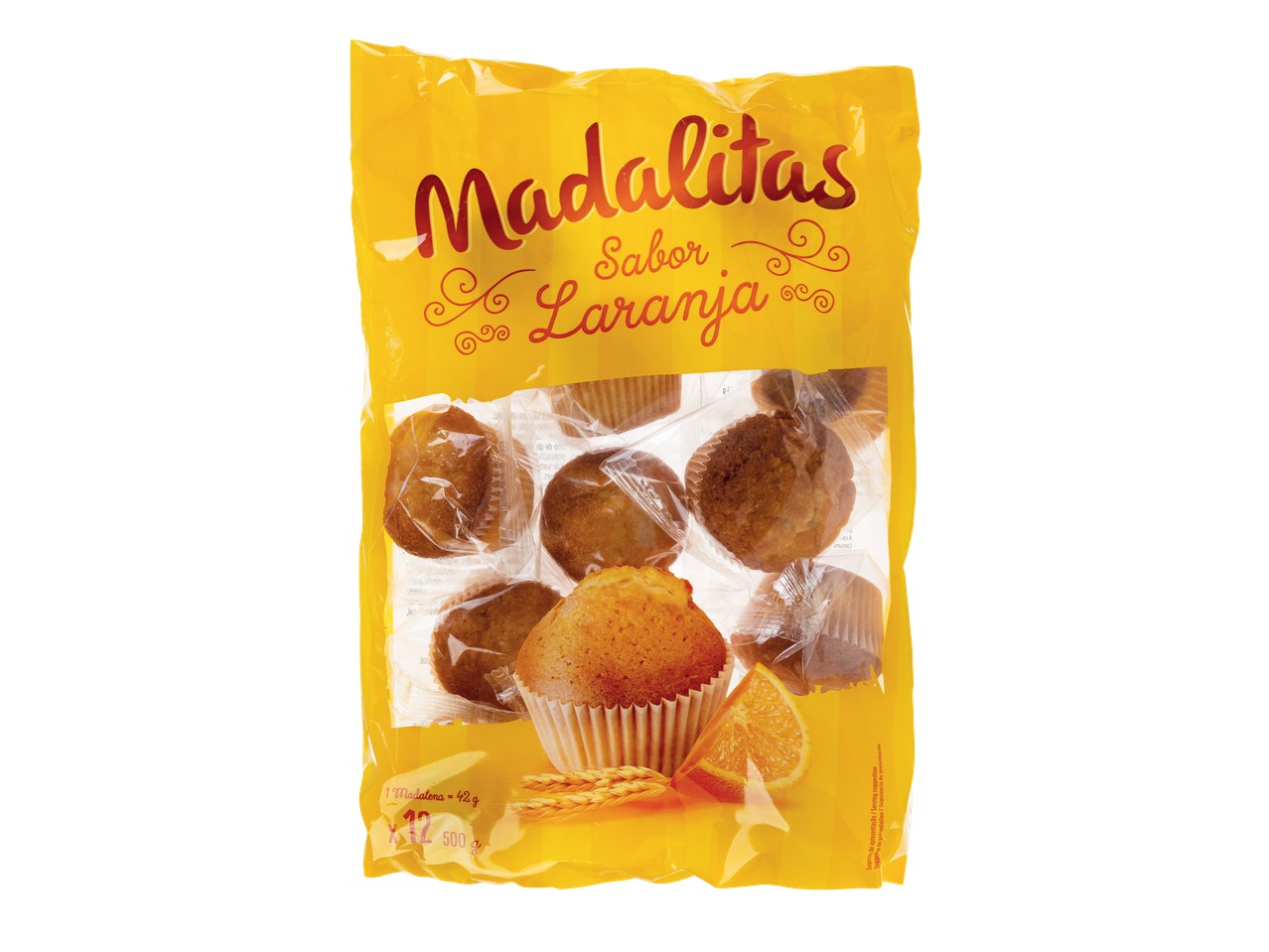 Madalenas com sabor a laranja numa embalagem amarela, mostrando 12 queques e 500g de peso.