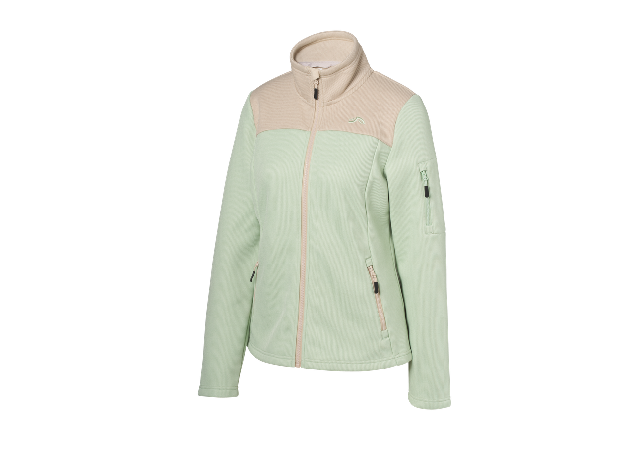 Šviesiai žalias flisinis švarkas su smėlio spalvos detalėmis ir užtrauktukais.