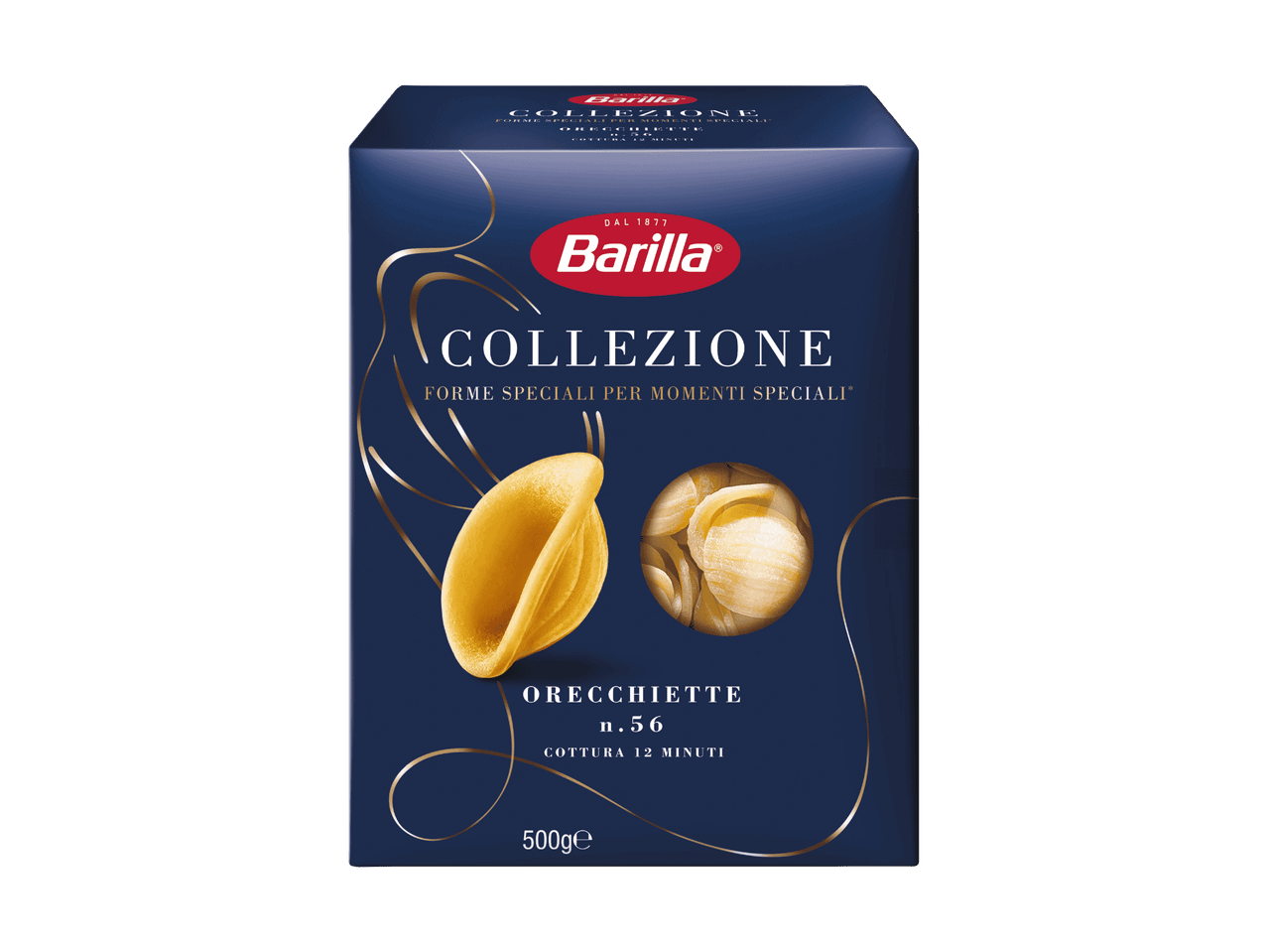 Packung Orecchiette-Nudeln, mit sichtbaren Nudeln und Kochdetails.