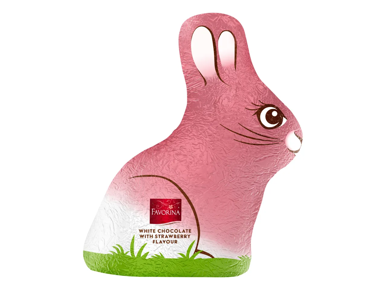 Pink chocolate Easter bunny with white and green base, strawberry flavor.