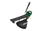 Green leaf blower with a black collection bag and shoulder strap.