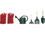 Luvas de jardinagem vermelhas, regador verde com logótipo 'PARKSIDE', ancinho, garfo e pá.
