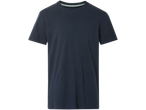 Un tricou bleu închis cu guler rotund.