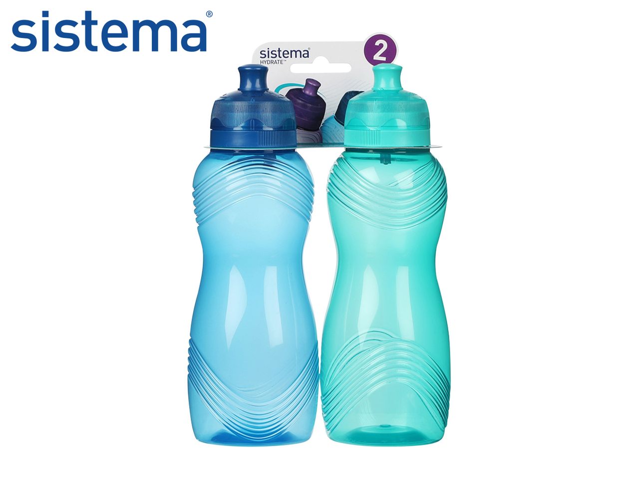 Two Sistema Hydrate bottles, blue and turquoise.