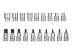 A collection of chrome vanadium E-Torx and Torx bit sockets of various sizes.