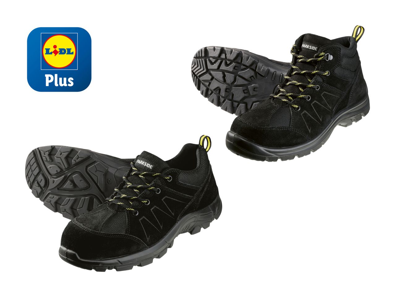 Zwei Paar schwarze Sicherheitsschuhe von Lidl Plus.