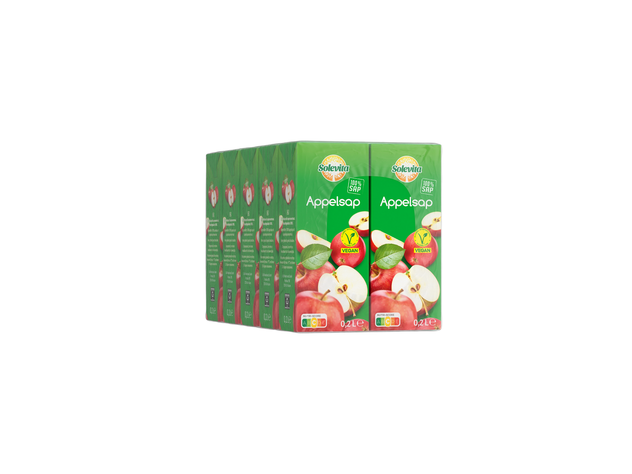 Solevita 100% Appelsap in een 6-pack, met Nutri-Score A en Vegan-label.