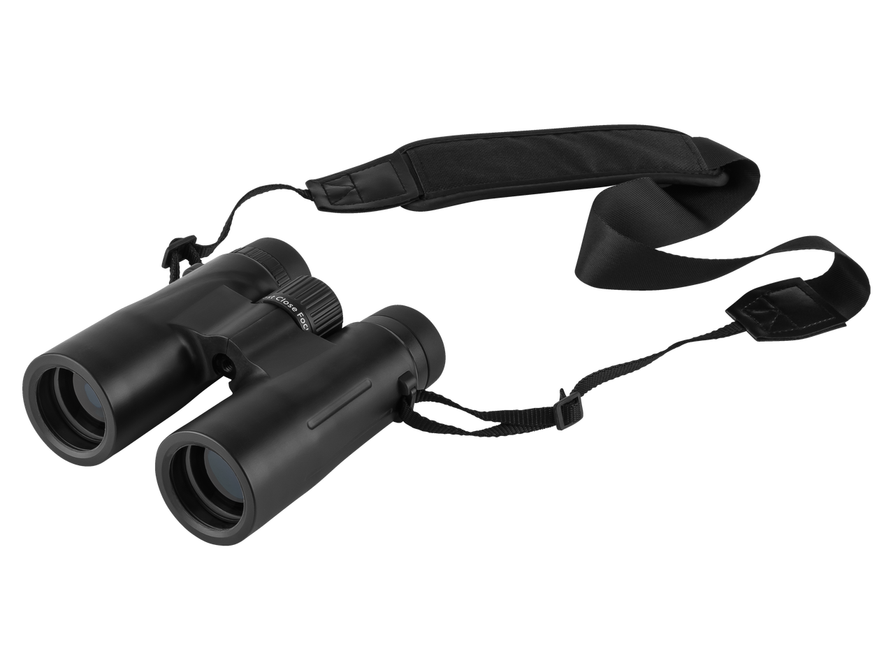 Black binoculars with a neck strap.