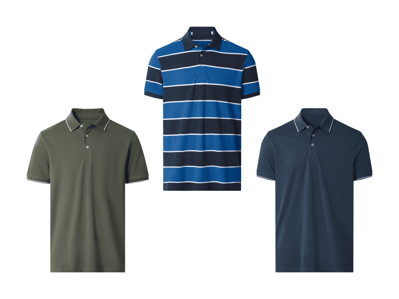 Drei Poloshirts: ein gestreiftes blaues, ein olivgrünes und ein dunkelblaues.